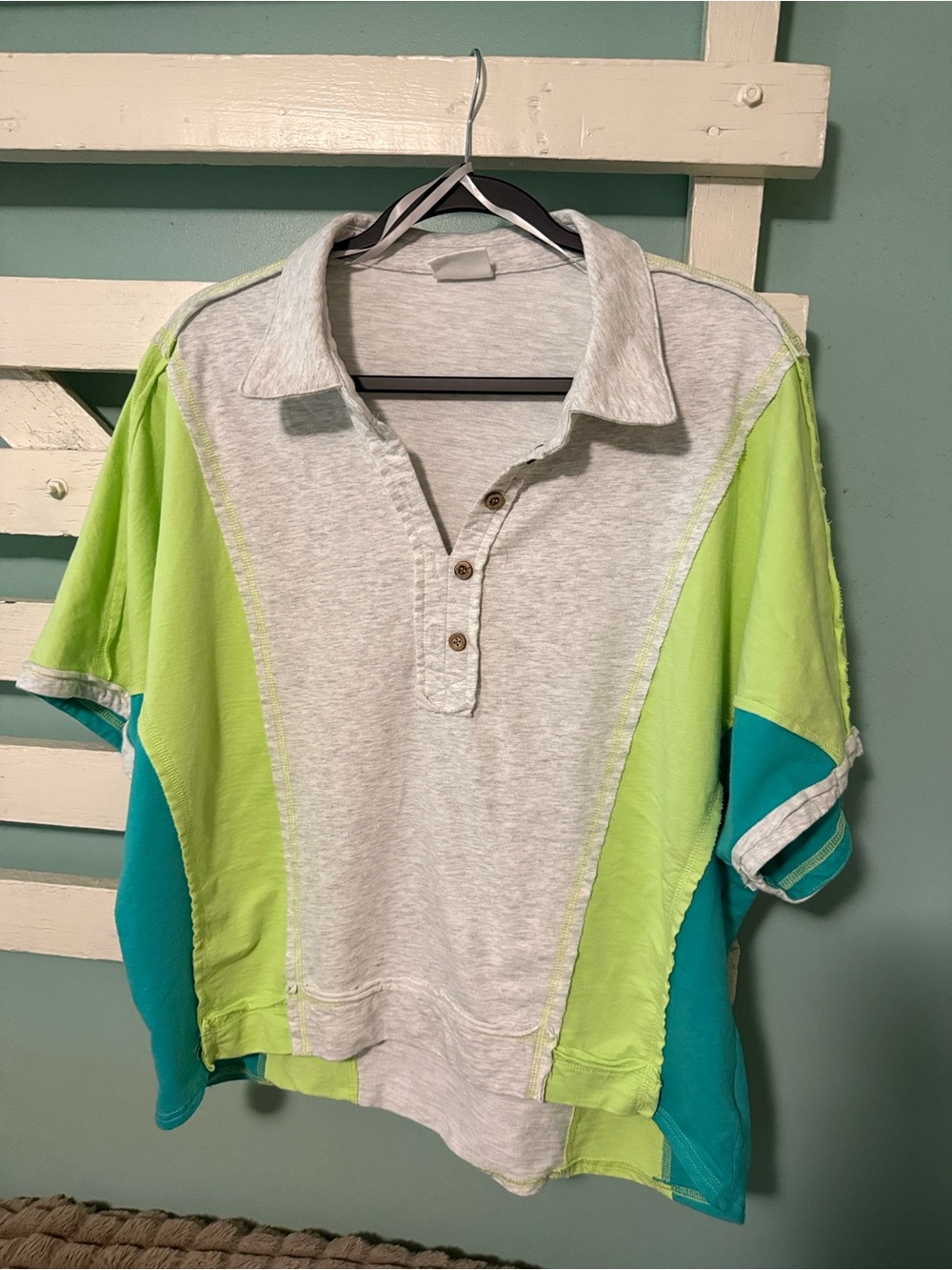Womens Colorblock Collared Top - Lime Green & Teal